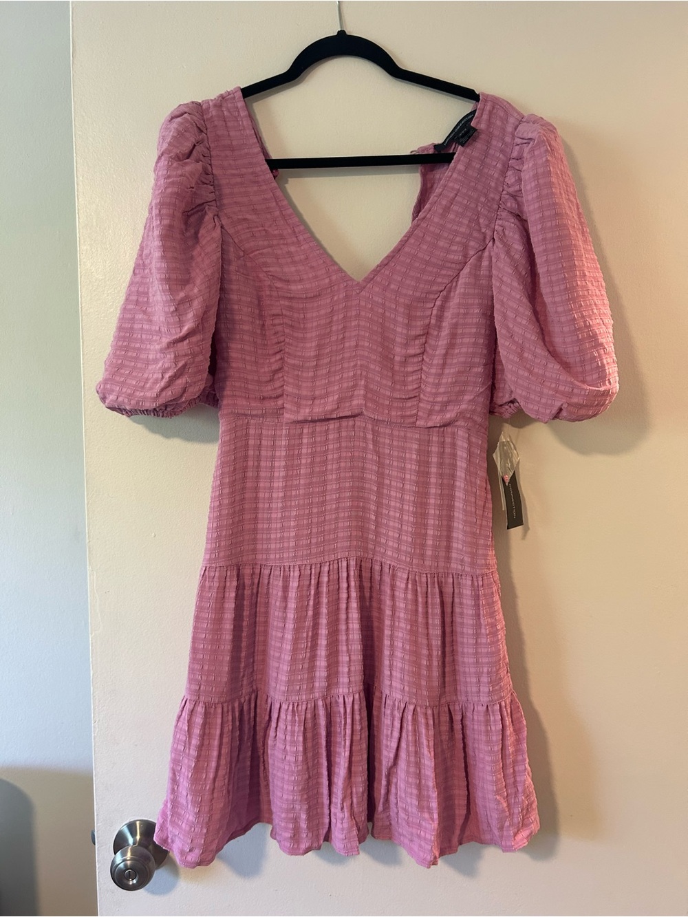 French Connection Pink Tiered V-Neck Puff Sleeve Mini Dress